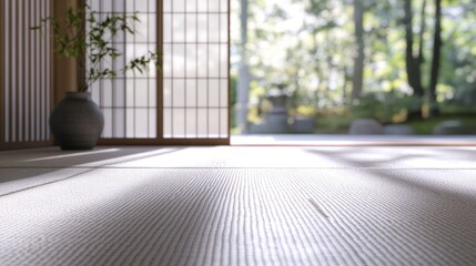Naklejka premium Sunlit Minimalist Japanese Room Interior with Garden View