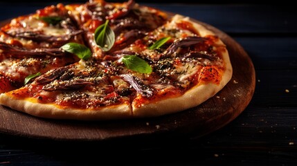 Deliciously cooked pizza on rustic wooden board perfectly designed for sharing with friends and family at a gathering