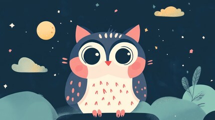 A Cute Cartoon Owl Sitting Under A Moonlit Night Sky