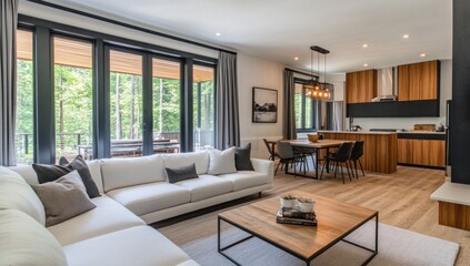 Fototapeta premium Modern open-concept living area with kitchen, featuring large windows overlooking a wooded landscape, a light-colored sofa, and a wooden coffee table.