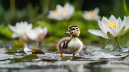 A duckling waddling near a pond surrounded by lilies