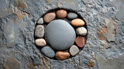 A stone circle design set into a textured rock surface