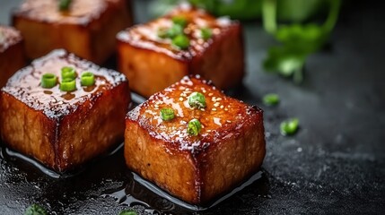 Three distinct pieces of food artfully arranged on a black plate for a striking and modern culinary presentation