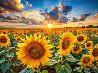 Obraz premium Panoramic Autumn Ukrainian Sunflower Field, Golden Harvest Landscape Photography