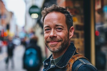 Portrait of a handsome middle-aged man in a denim jacket on the street of Paris, France.