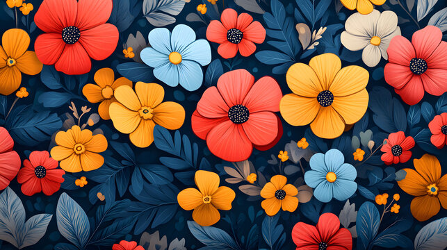 A vibrant floral illustration featuring red, yellow, and blue flowers with a deep blue leafy background