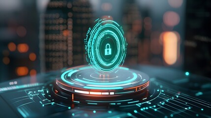 Futuristic Holographic Shield With Digital Lock Hovering Above a High-Tech Matrix in a Modern Urban Environment