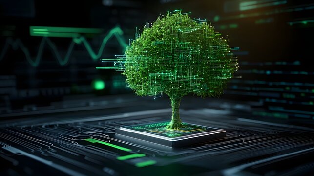 Futuristic Illustration of a Growing Tree Constructed from Semiconductor Elements in a Digital Landscape