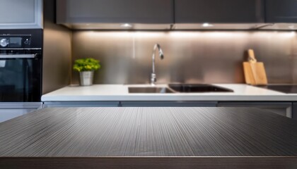 Steel Table Top with Empty Kitchen Backdrop Versatile Prop for Digital Art, Home Decor, or Design Inspiration, Exuding a Minimalist yet Industrial Aesthetic.