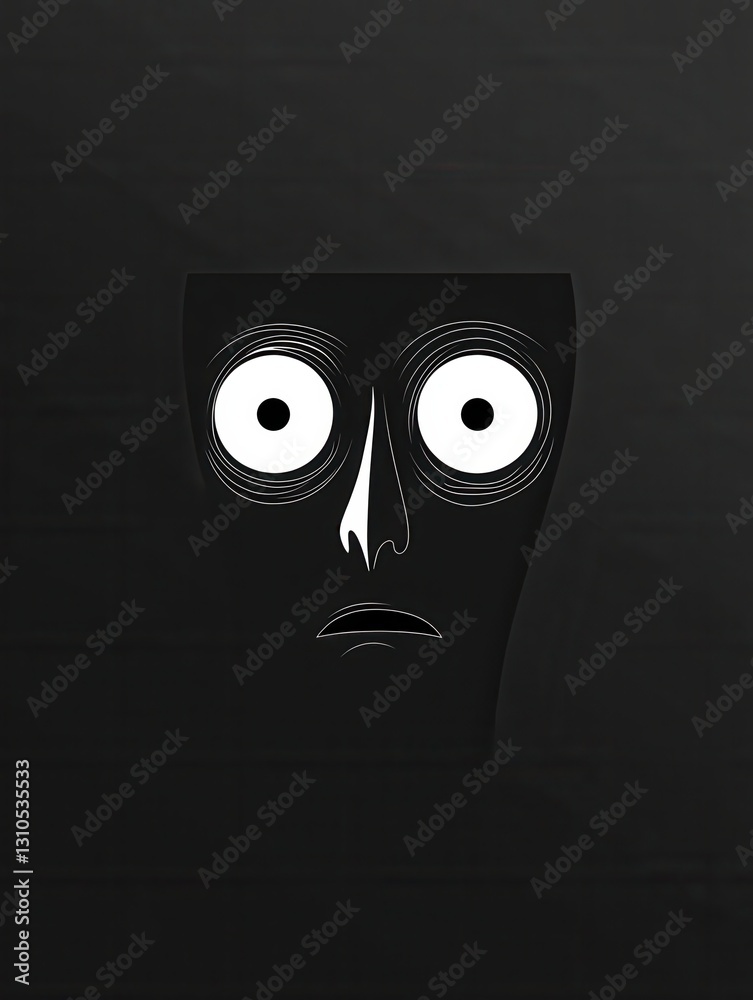Aufkleber minimalist design featuring a dark face with wide fearful eyes created with eerie monochrome contras