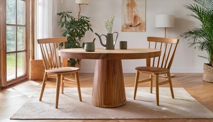 Rustic Elegance Cozy Craft Oak Tableau Blends Vintage Furniture, Farmhouse Charm, and Artistic Accessories, Inviting a Sense of Serenity and Comfort Amidst Rustling Leaves and Sunlight.