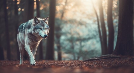 Lone wolf walking through enchanting forest at sunrise