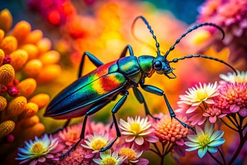 Fototapeta premium Hand-Painted Insect Silhouette on Vibrant Floral Background - Stock Photo