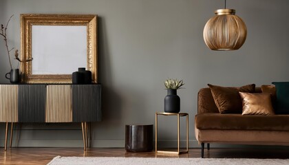 Gold Mockup Frame Embracing Retro Wooden Commode and Velvet Sofa in Open Space Interior A Timeless Fusion of Gold and Wood, Exuding a Warm and Luxurious Ambiance.