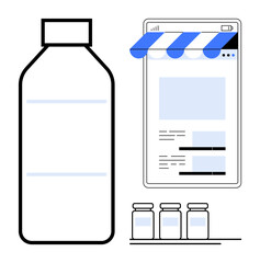 Bottle next to a tablet with a digital store interface and shelf with small jars. Ideal for eCommerce, online shopping, product marketing, digital retail, branding, store apps, entrepreneurship, flat