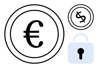 Euro and dollar coins placed alongside a padlock, highlighting themes of financial security, currency exchange, and protecting investments. Ideal for finance, banking, security, economy, savings