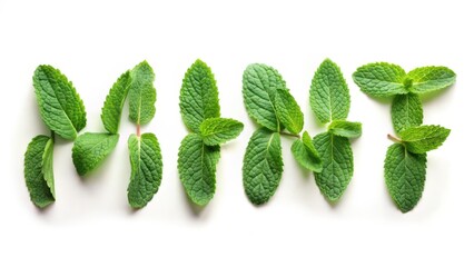 Mint Leaves Spelling MINT on White Background