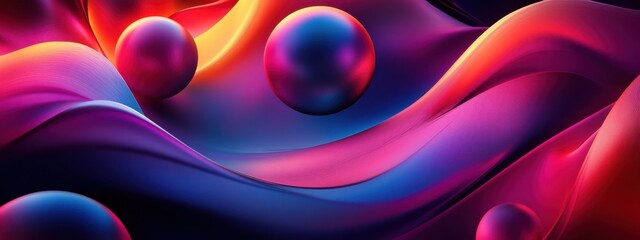 Vibrant Abstract Composition Featuring Colorful Spheres and Flowing Curves in a Dreamlike Setting
