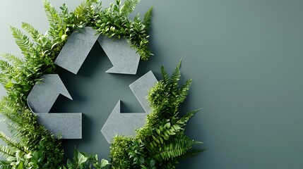 Naklejka premium Eco-Friendly Recycling Symbol Surrounded by Vibrant Green Plants and Flowers, Emphasizing Sustainability and Nature Conservation