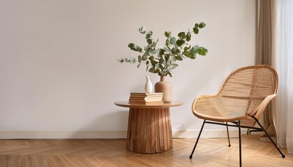 Cozy, Stylish Living Space Eucalyptus Tree Branches, Antique Books on Wooden Table, Bathed in a Warm Ambiance Perfect for Home Decor or Digital Art.