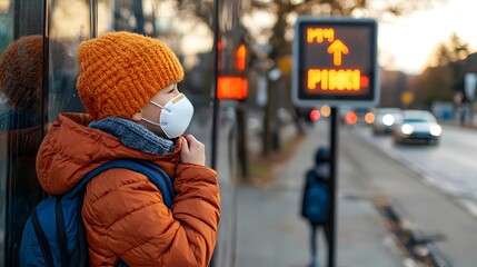 Schoolchildren Wearing Masks While Waiting for Bus in Urban Setting During Pollution Alert with Traffic in Background