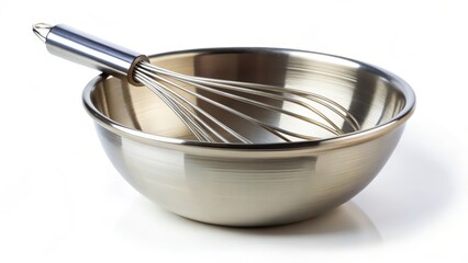 Stainless Steel Mixing Bowl and Whisk on White Background