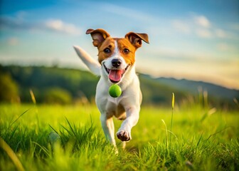 Happy Jack Russell Terrier Playing Fetch in a Sunny Field - Panoramic Stock Photo