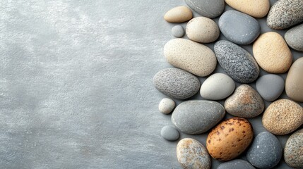 Smooth and assorted stones arranged on a textured gray surface