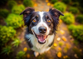Fototapeta premium Happy Mixed Breed Dog, Border Collie, Aerial View, Tilt-Shift Photography