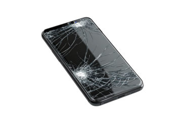Black smartphone with cracked screen isolated on transparent background