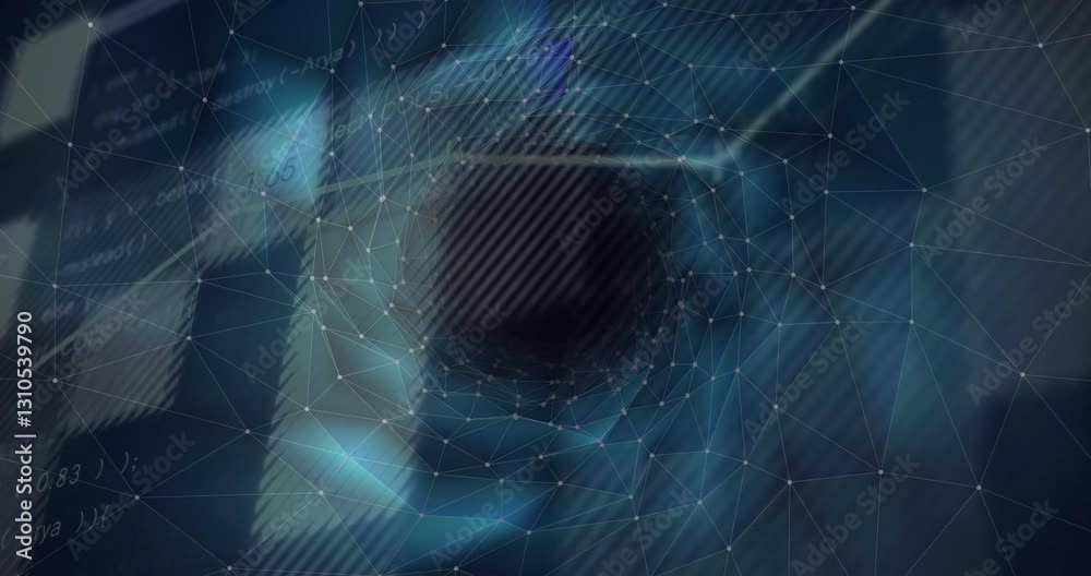 Poster network connections processing data over geometric background in animation style