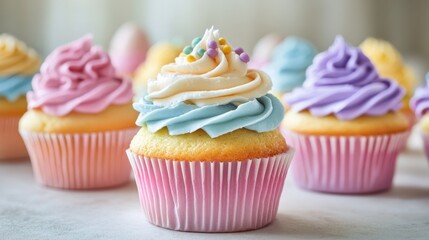 A soft-focus shot of Easter cupcakes with pastel frosting
