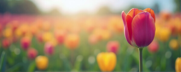 Obraz premium Striking tulip flower with a cheerful vibe representing vibrant spring beauty against a softly blurred tulip field background with copy space