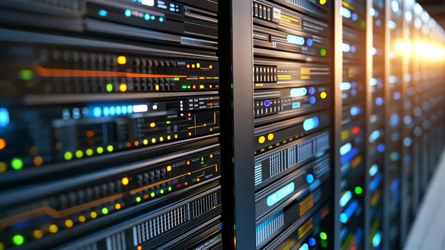 Modern data center filled with racks of servers showcasing vibrant LED lights and organized cables in a high-tech environment
