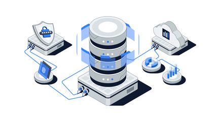 Isometric Database, Data Center & Cloud Storage. Digital Technology, Server Hosting, Big Data Illustration