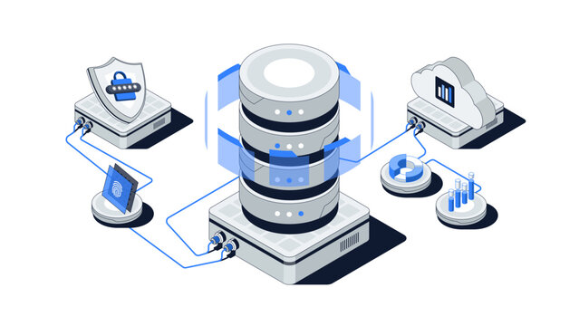Isometric Database, Data Center & Cloud Storage. Digital Technology, Server Hosting, Big Data Illustration