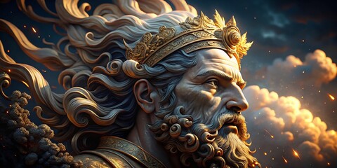 Heavenly Deity: Ancient God Blowing Wind, Sunny Day, Black Background - Stock Photo