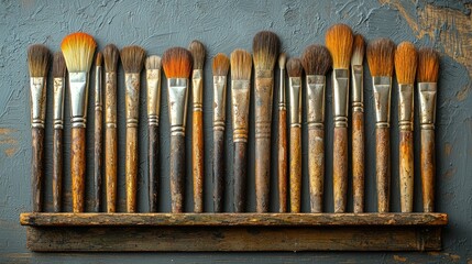 A collection of assorted paintbrushes displayed on a rustic, textured background