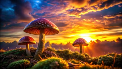 Fototapeta premium Silhouette Mushroom Couple Photography - Romantic Fungi Love, Dark Fantasy Art, Nature