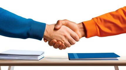 Two Professionals Engaging in a Confident Handshake in a Modern Glass-Walled Boardroom Setting with Paperwork on the Table
