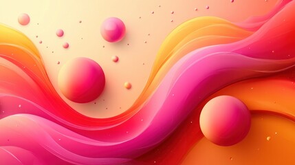 Vibrant Abstract Composition with Flowing Waves and Spheres in Shades of Pink and Orange