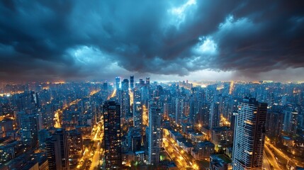 Obraz premium Stunning Aerial View of City Skyline Under Dramatic Stormy Sky