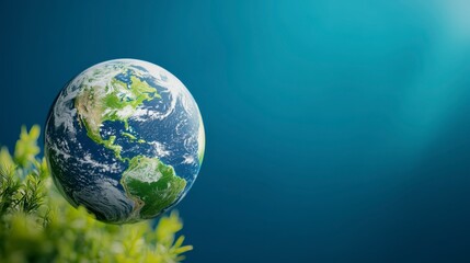 Fototapeta premium Earth Globe Surrounded by Greenery with Blue Background