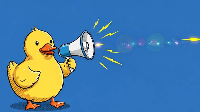 Cartoon Yellow Duck Character Announcing with Megaphone on Blue Background Animation