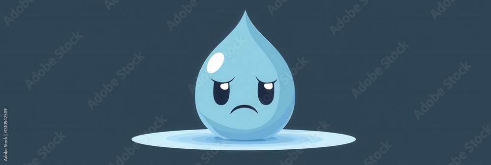 Poster sad blue water drop character with eyes in a minimalist style representing feelings of sadness and l