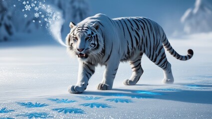 Obraz premium tiger in snow White Tiger with Ice Fur Roaming a Frozen Land, Leaving Glowing Frost with Each Step