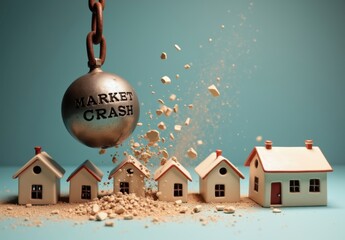 Wrecking Ball Crashing Into Miniature Houses Symbolizing Market Collapse