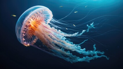 Obraz premium jelly fish in aquarium Massive Bioluminescent Jellyfish Drifting Through a Cosmic Ocean of Stars with Glowing Tendrils and Celestial Fish Resembling Shooting Stars