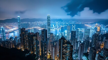 Obraz premium Stunning Night View of Hong Kong Cityscape with Skyscrapers and Lights