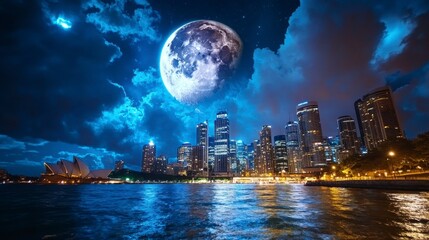 Stunning Cityscape with Full Moon Over Urban Skyline at Night
